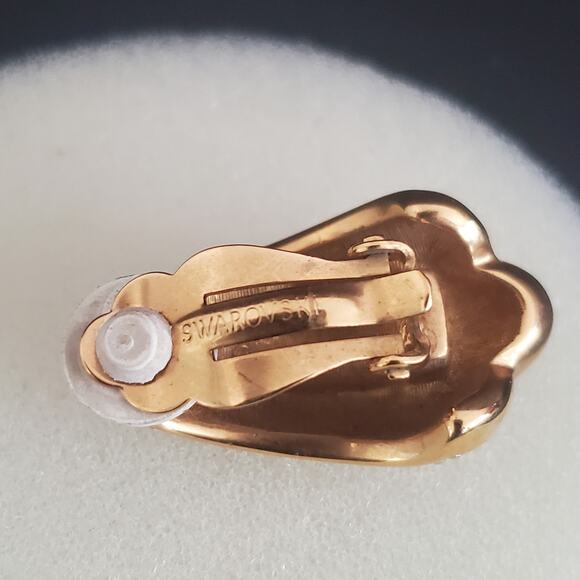 VTG Swarovski Large Earrings Clip On‎ Pave Crystals Gold Plated 80's Swan Signed - Picture 5 of 8